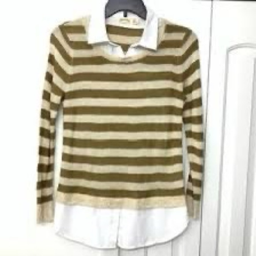 Faded Glory Tan and Green Striped Two-fer Sweater with White Shirt